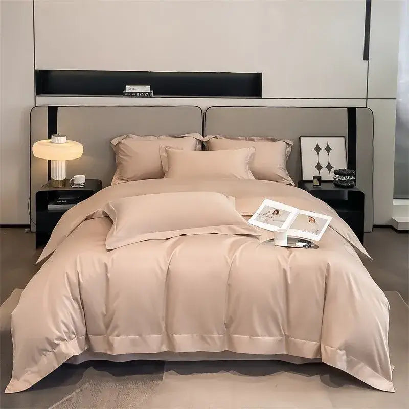 Beige satin DecorBites™ luxurious 1000TC Egyptian cotton bedding set includes duvet cover and fitted sheet with smooth finish