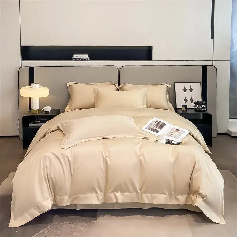 Beige satin DecorBites™ 1000TC Egyptian cotton duvet cover set with matching pillowcases features smooth, luxurious texture