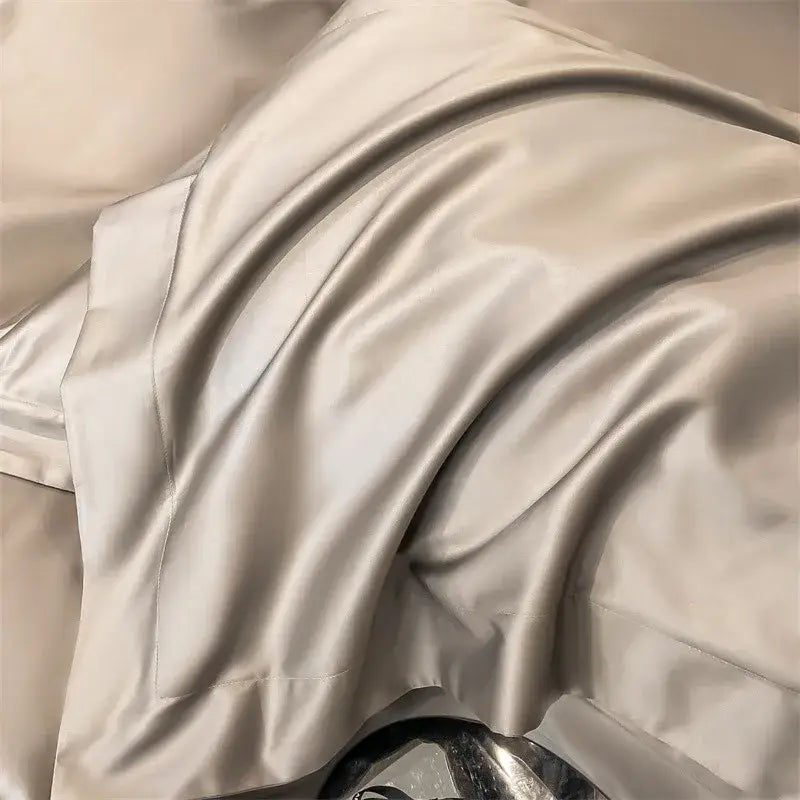 Beige satin pillowcase with smooth glossy texture and subtle sheen from decorbites™ luxurious 1000tc egyptian cotton bedding set including duvet cover and fitted sheet