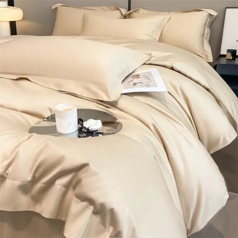 Beige satin duvet cover and fitted sheet set from decorbites™ luxurious 1000tc egyptian cotton bedding set