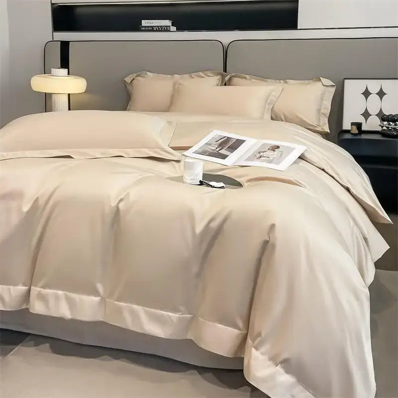 Beige satin duvet cover set and matching pillowcases from decorbites luxurious 1000tc egyptian cotton bedding set with stitched hems
