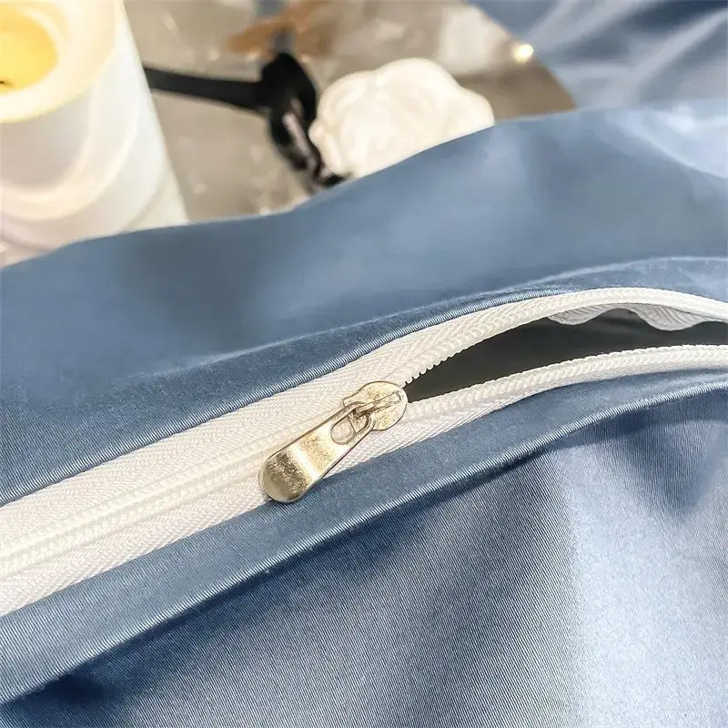 Decorbites™ luxurious 1000tc egyptian cotton blue satin duvet cover with white zipper and metallic pull tab piece duvet cover