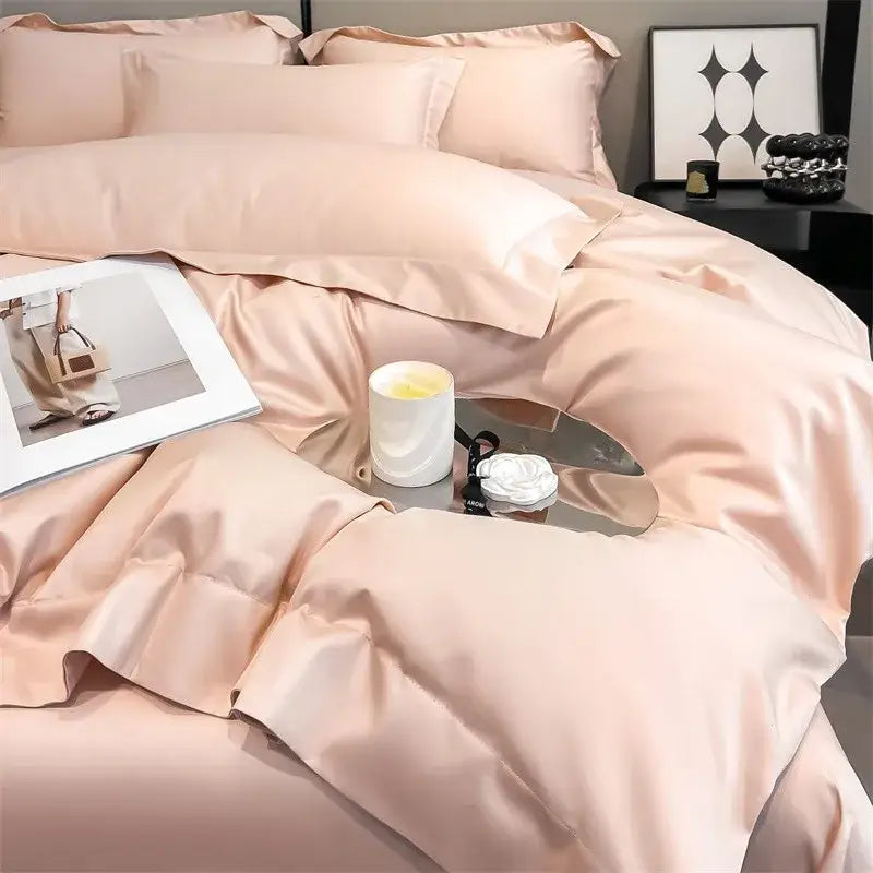 Blush pink satin duvet cover and fitted sheet from DecorBites™ luxurious 1000TC Egyptian cotton bedding set