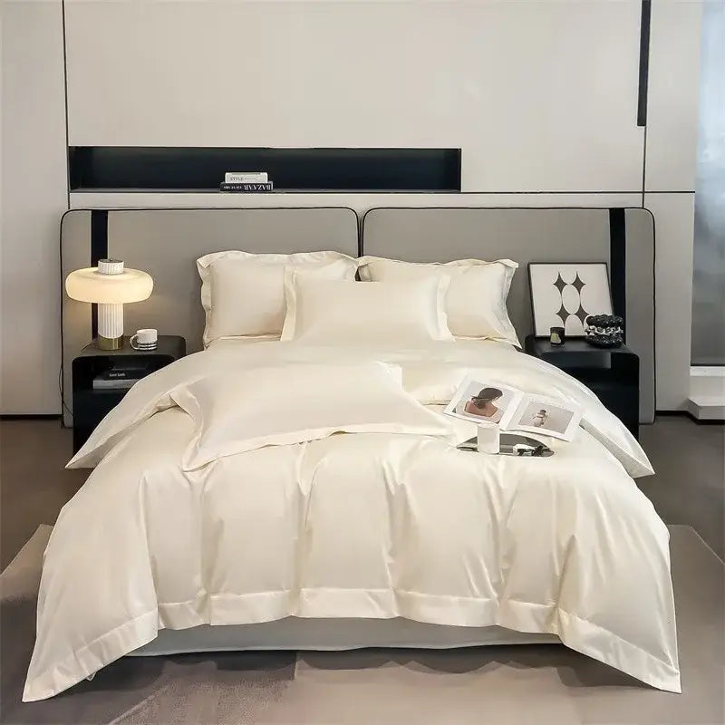 Cream-colored satin decorbites™ luxurious 1000tc egyptian cotton duvet cover set with smooth glossy finish and fitted sheet