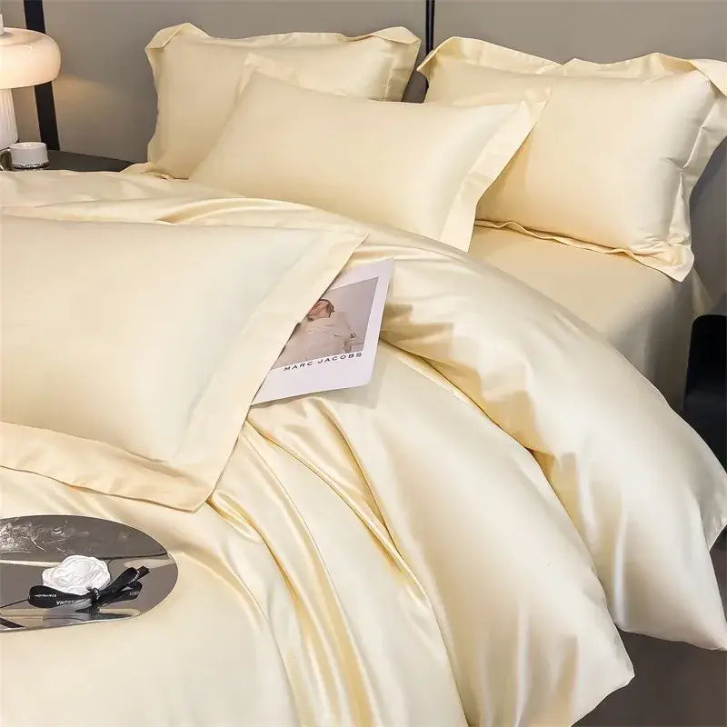Cream-colored creamBites™ luxurious 1000TC Egyptian cotton satin duvet cover and fitted sheet set with smooth glossy finish