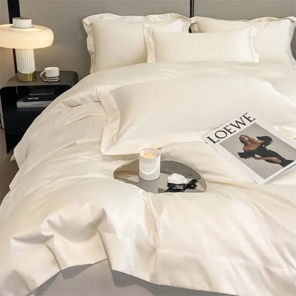 Cream-colored cream-colored satin duvet cover and fitted sheet with pleated edges from the decorbites luxurious 1000tc egyptian cotton bedding set
