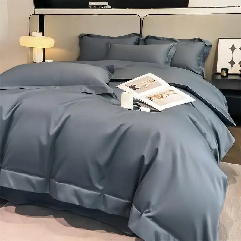 The DecorBites™ luxurious 1000TC Egyptian cotton duvet cover set in deep slate blue with sleek satin fabric and tailored seams