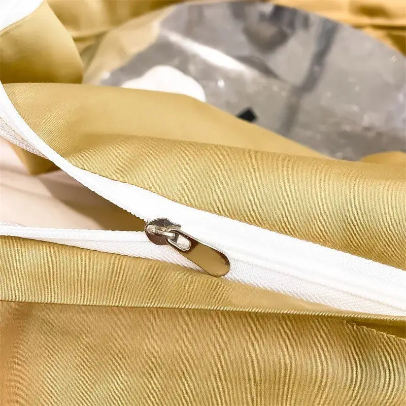 Gold-colored satin piece duvet cover with white zipper and metallic pull tab from decorbites™ 1000tc egyptian cotton bedding set