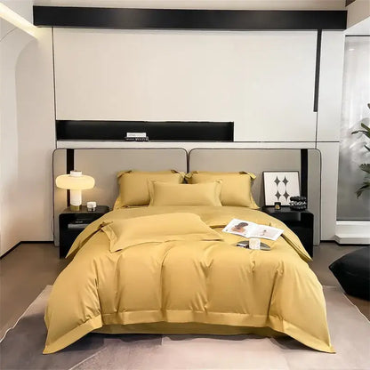 DecorBites™ luxurious 1000tc egyptian cotton golden satin duvet cover set with fitted sheet and matching pillows neatly folded
