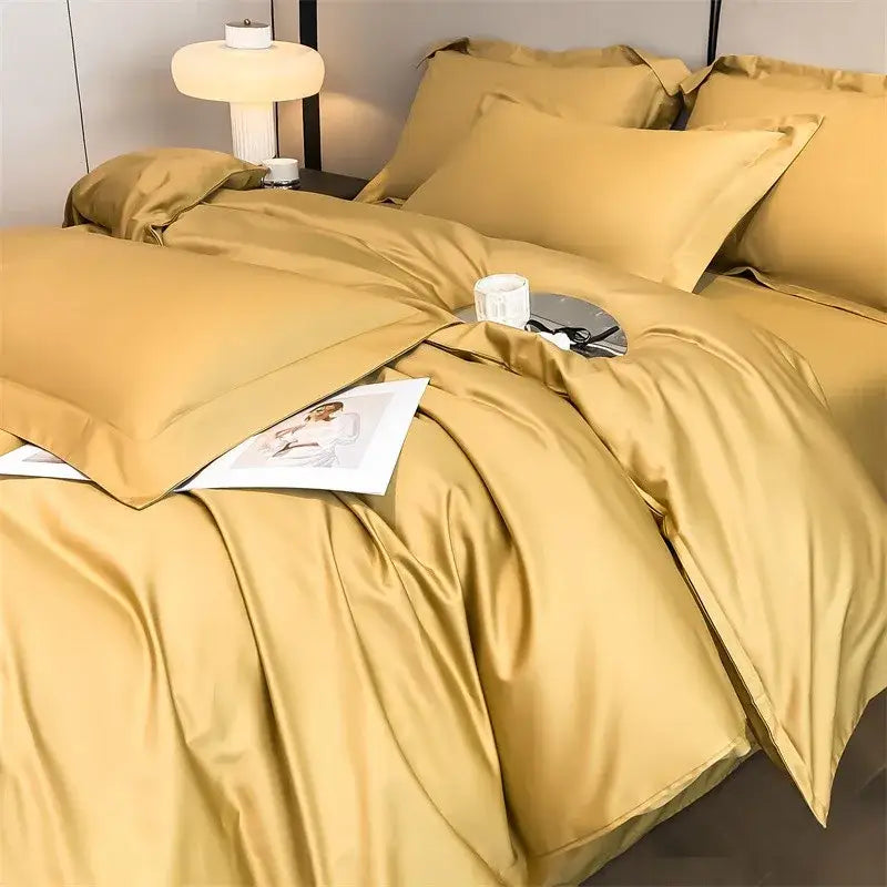 DecorBites™ luxurious 1000TC Egyptian cotton golden satin duvet cover set with matching pillowcases and fitted sheet