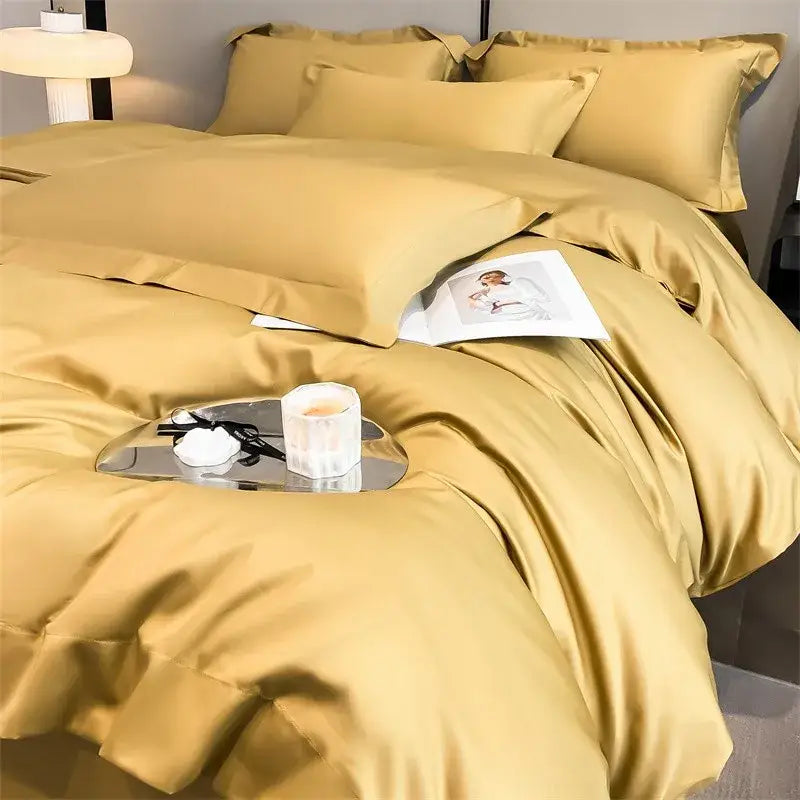 Golden satin DecorBites™ luxurious 1000TC Egyptian cotton bedding set with duvet cover fitted sheet and matching pillows