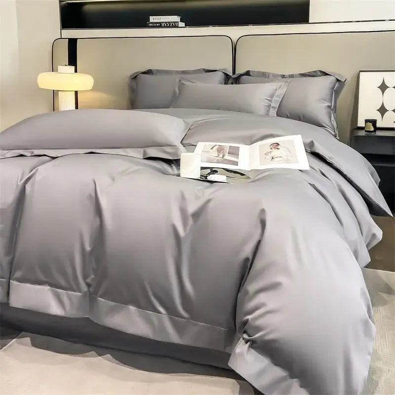 DecorBites™ gray satin duvet cover set with matching pillows in 1000TC Egyptian cotton featuring stitched detailing