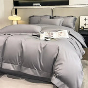 Gray satin DecorBites™ luxurious 1000TC Egyptian cotton duvet cover set with fitted sheet and elegant stitched detailing