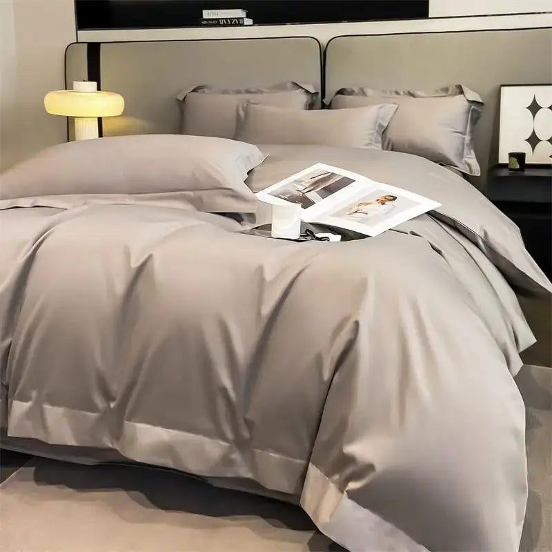 DecorBites™ luxurious gray satin duvet cover set made of 1000TC Egyptian cotton with smooth glossy finish and stitched edges