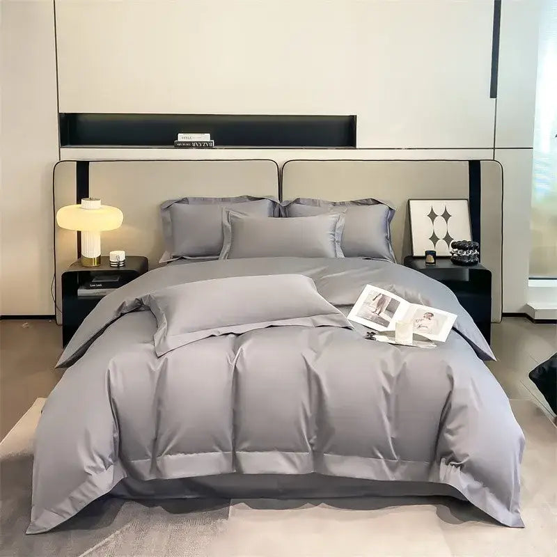 DecorBites™ gray satin-like 1000TC Egyptian cotton bedding set with quilted duvet cover and matching pillows