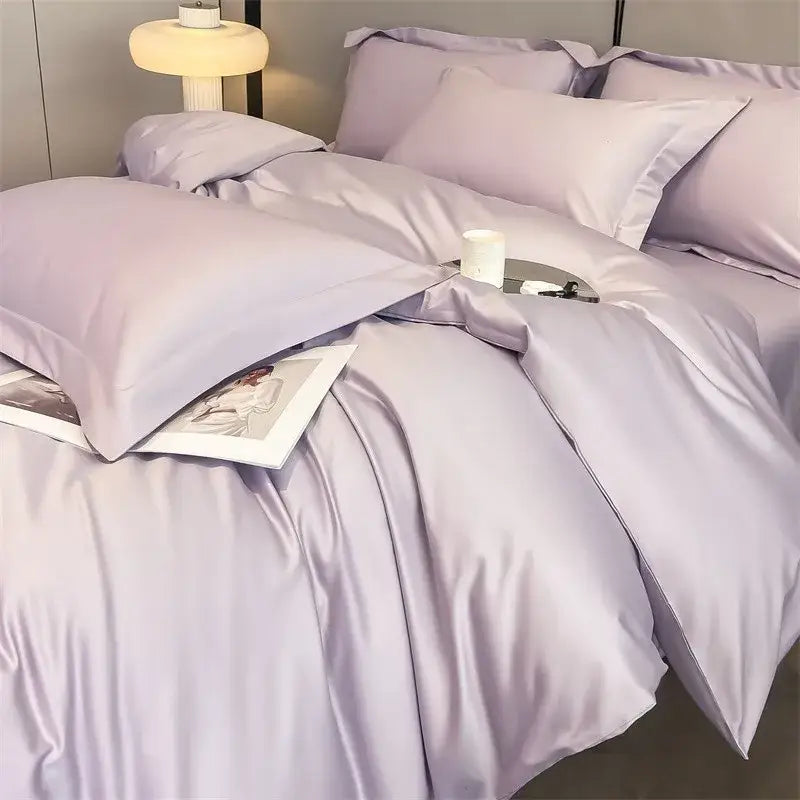 Lavender satin DecorBites™ 1000TC Egyptian cotton bedding set with smooth duvet cover and matching fitted sheet