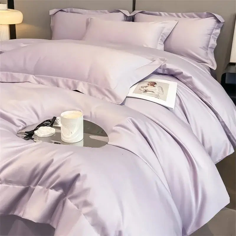 Lavender satin DecorBites™ 1000TC Egyptian cotton bedding set with smooth glossy finish includes duvet cover and fitted sheet