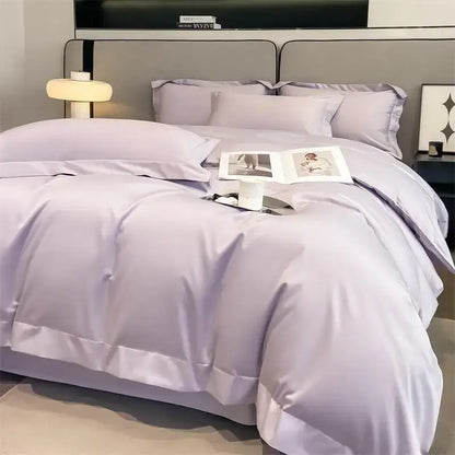 Lavender satin duvet cover set by DecorBites™ with smooth glossy finish and stitched detailing in 1000TC Egyptian cotton