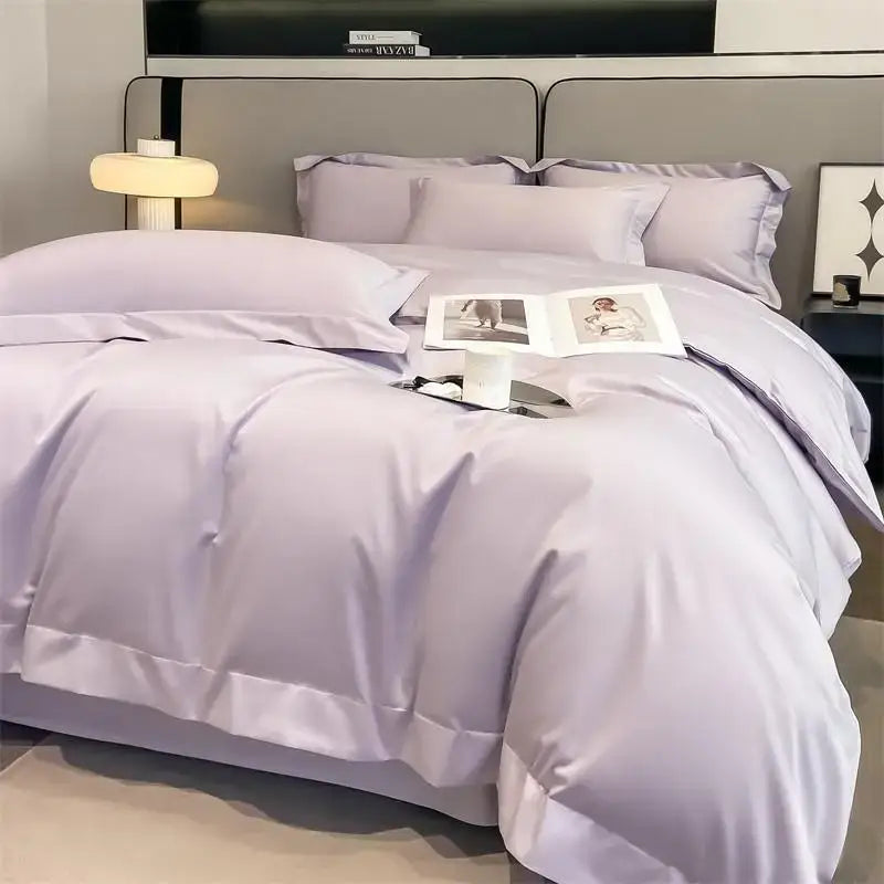 Lavender satin duvet cover set by DecorBites™ with smooth glossy finish and stitched detailing in 1000TC Egyptian cotton