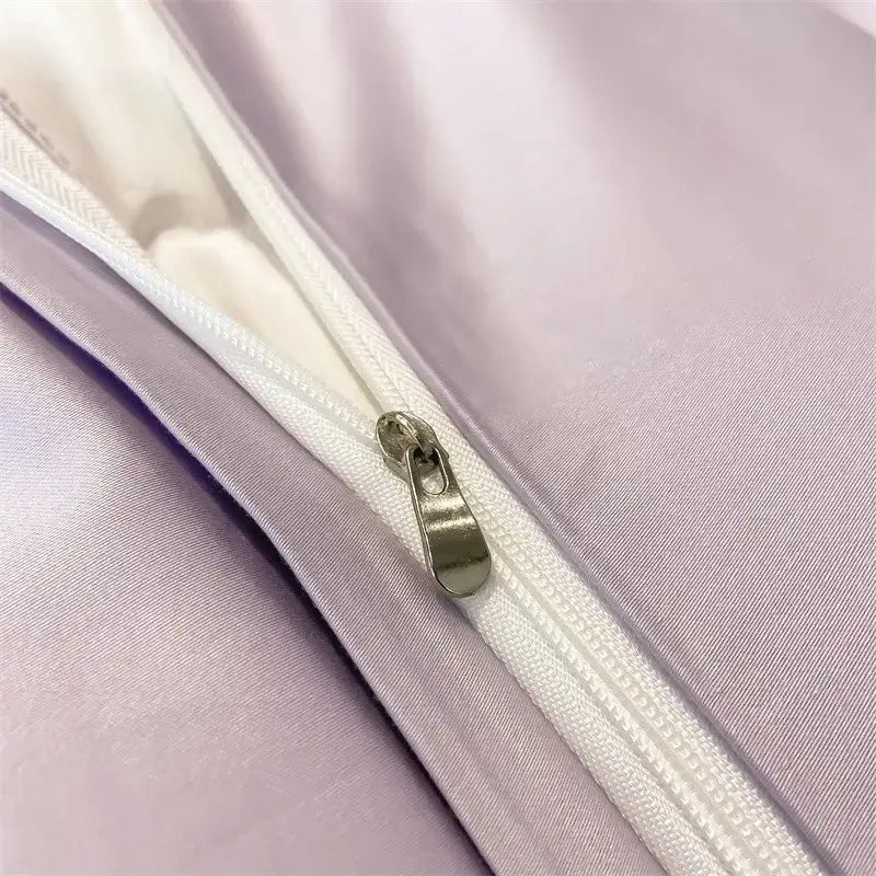 Lavender satin duvet cover with white zipper and metallic pull tab from decorbites luxurious 1000tc egyptian cotton bedding set