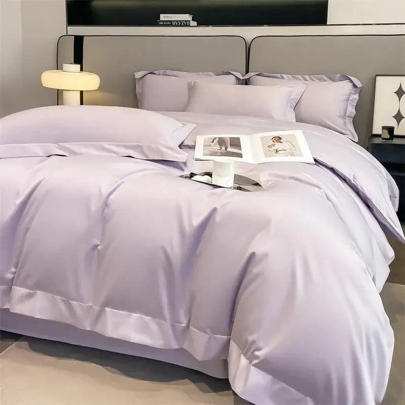 Lavender satin duvet cover set with matching pillowcases featuring smooth glossy finish and elegant stitched hems by DecorBites™