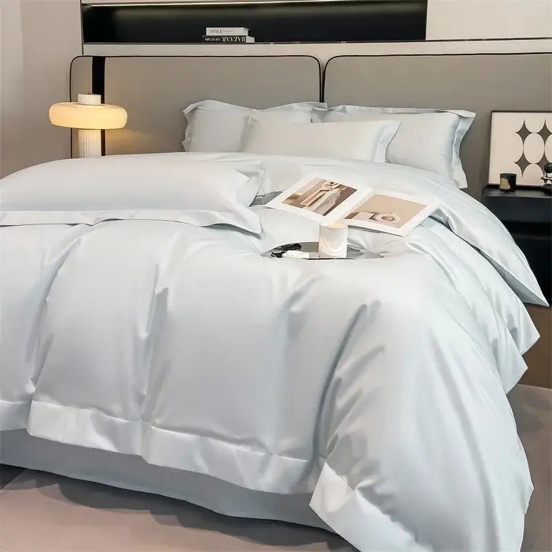 Light blue satin decorbites™ luxurious 1000tc egyptian cotton duvet cover set with fitted sheet and elegant stitched detailing