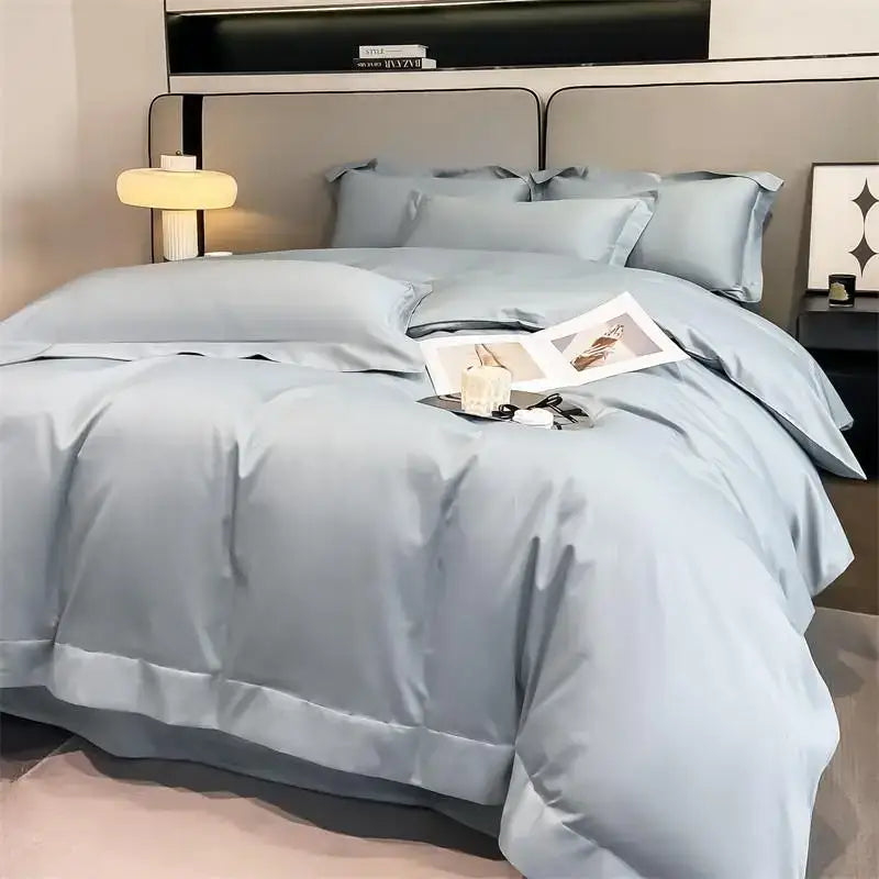 Light blue satin duvet cover and fitted sheet set with subtle sheen from decorbites™ luxurious 1000tc cotton bedding
