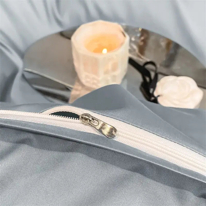 Light blue satin duvet cover with white zipper and metallic pull tab from DecorBites Luxurious 1000TC Egyptian cotton bedding set
