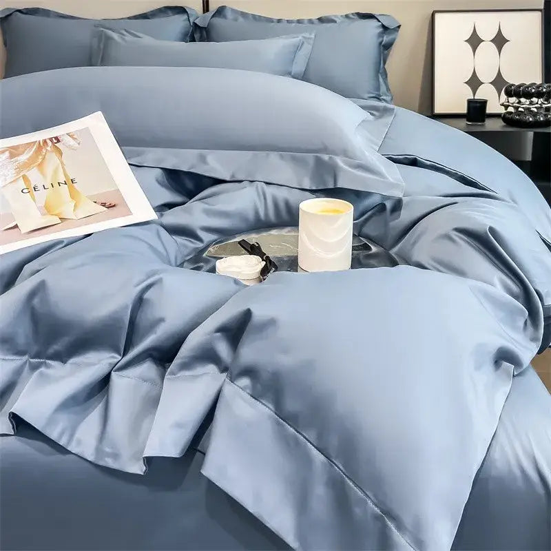 DecorBites luxurious 1000TC Egyptian cotton light blue satin duvet cover and fitted sheet with glossy finish and stitched edges