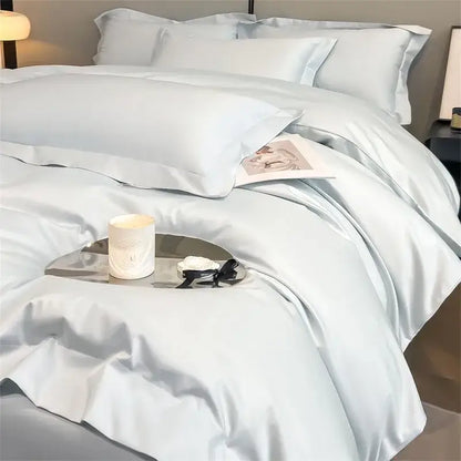 Light blue satin duvet cover and fitted sheet set from DecorBites™ luxurious 1000TC Egyptian cotton bedding set