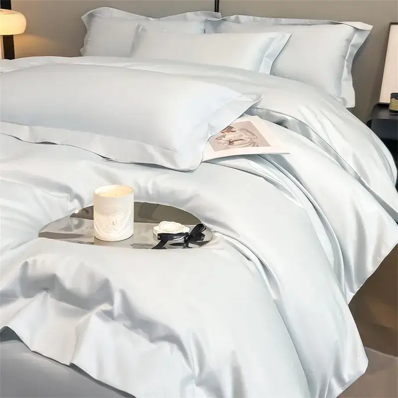 Light blue satin decorbites™ luxurious 1000tc egyptian cotton bedding set with smooth glossy finish fitted sheet and duvet cover