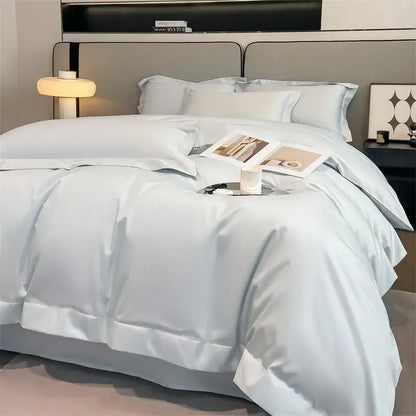 DecorBites™ light blue satin duvet cover set with fitted sheet in 1000TC Egyptian cotton featuring stitched detailing