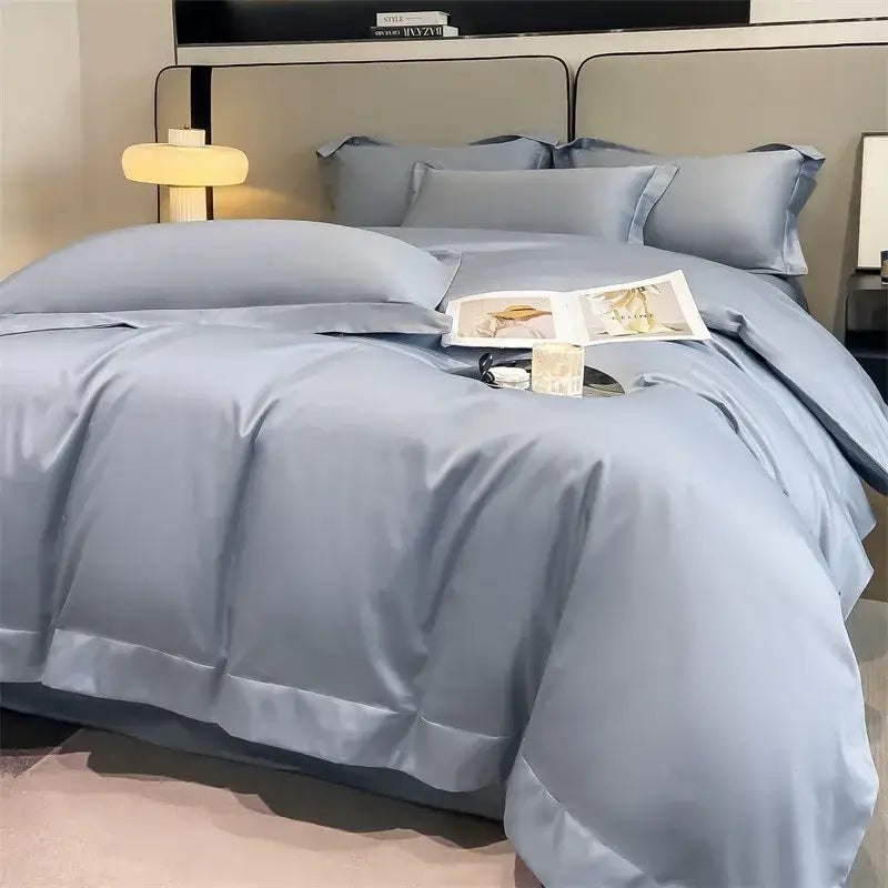 DecorBites™ luxurious light blue satin duvet cover set with fitted sheet 1000TC Egyptian cotton bedding set