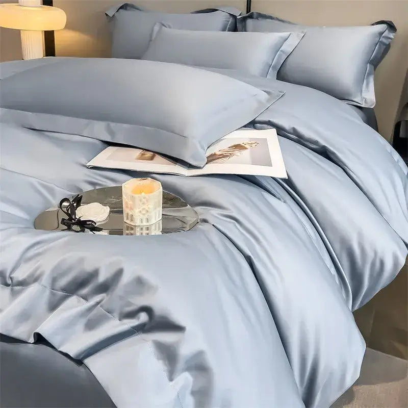 Light blue satin duvet cover and fitted sheet from decorbites™ luxurious 1000tc egyptian cotton bedding set