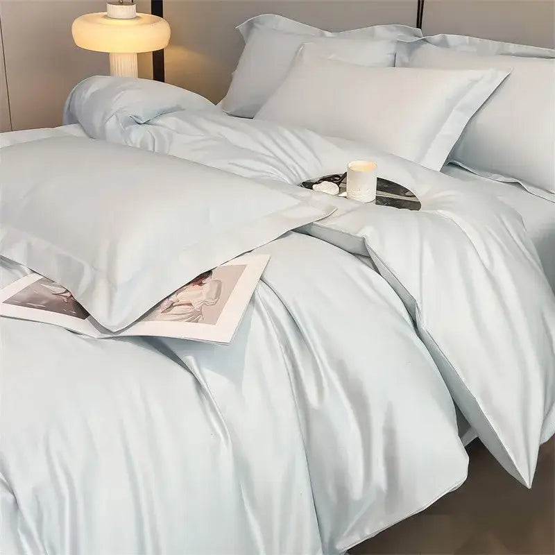 DecorBites™ light blue satin duvet cover and fitted sheet set made from luxurious 1000TC Egyptian cotton