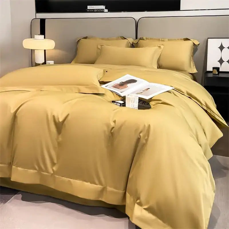 DecorBites™ luxurious mustard-yellow satin duvet cover set with glossy finish and stitched detailing 1000TC Egyptian cotton