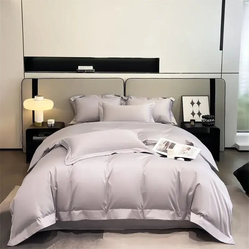 Decorbites™ luxurious 1000tc egyptian cotton duvet cover set in light gray satin with elegant stitched detailing