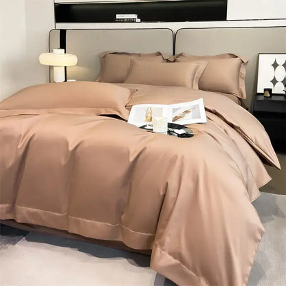 DecorBites™ luxurious taupe satin duvet cover and fitted sheet set made of 1000TC Egyptian cotton with glossy finish