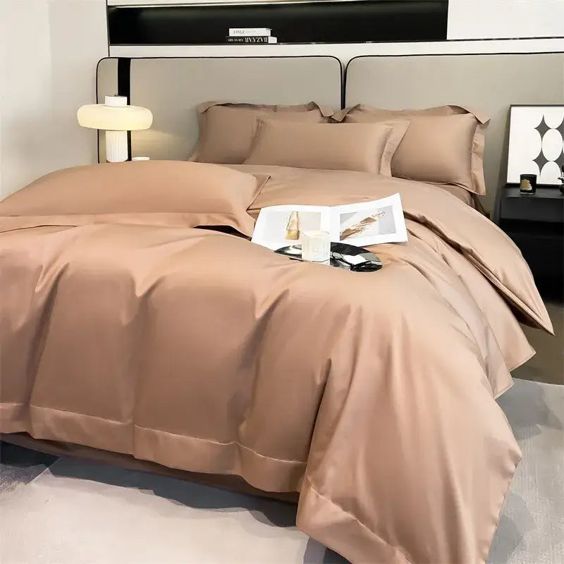 DecorBites™ luxurious taupe satin duvet cover and fitted sheet set made of 1000TC Egyptian cotton with glossy finish