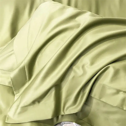 Luxurious sage green satin pillowcase with glossy finish and folds from decorbites 1000tc egyptian cotton bedding set with duvet cover