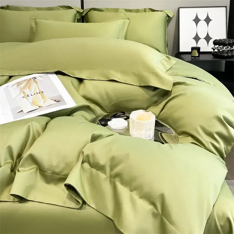 Decorbites™ luxurious 1000tc egyptian cotton satin green duvet cover and fitted sheet set with matching pillows