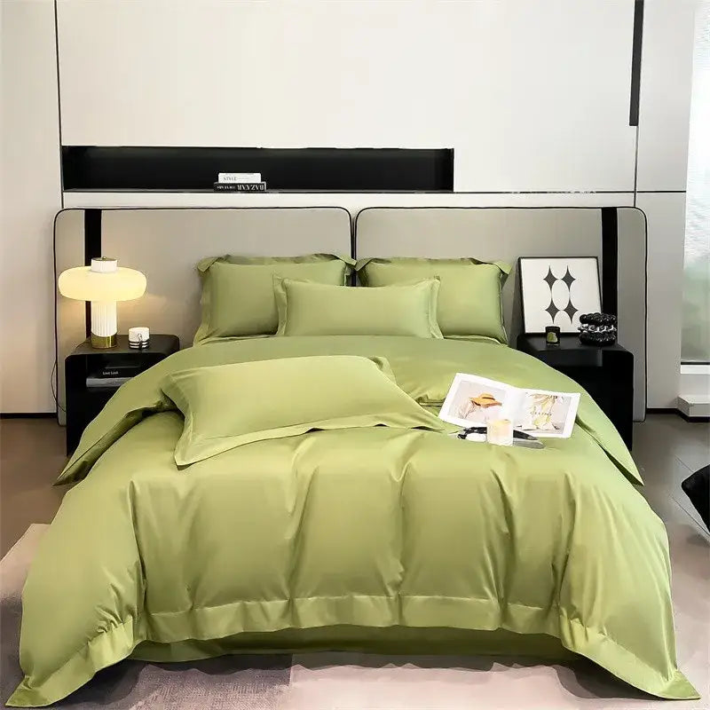 Satin green four-piece duvet cover and fitted sheet set with elegant piping from decorbites 1000tc egyptian cotton bedding