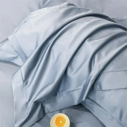 Silk pillowcase with smooth light blue satin finish part of the decorbites™ luxurious 1000tc egyptian cotton bedding set including duvet cover and fitted sheet