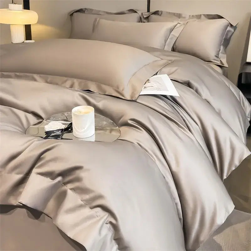 Silk-gray satin DecorBites™ luxurious 1000TC Egyptian cotton bedding set with duvet cover fitted sheet and plush duvet