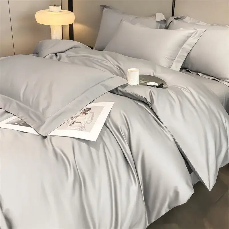 Silk-gray satin duvet cover and fitted sheet set with matching pillows from decorbites™ 1000tc egyptian cotton bedding set