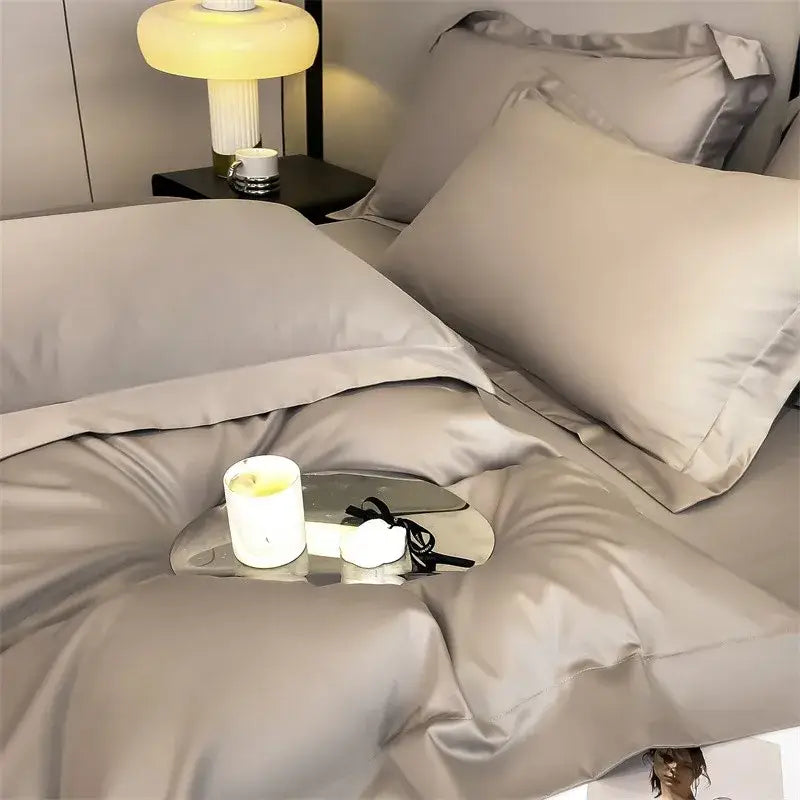 Silk-gray satin duvet cover and fitted sheet from decorbites™ luxurious 1000tc egyptian cotton bedding set with smooth finish
