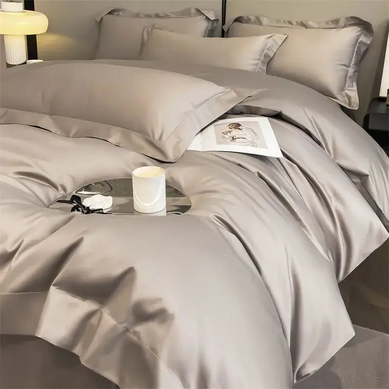 Silk-gray satin duvet cover set with matching pillowcases and pleated edges from decorbites luxurious 1000tc egyptian cotton bedding set