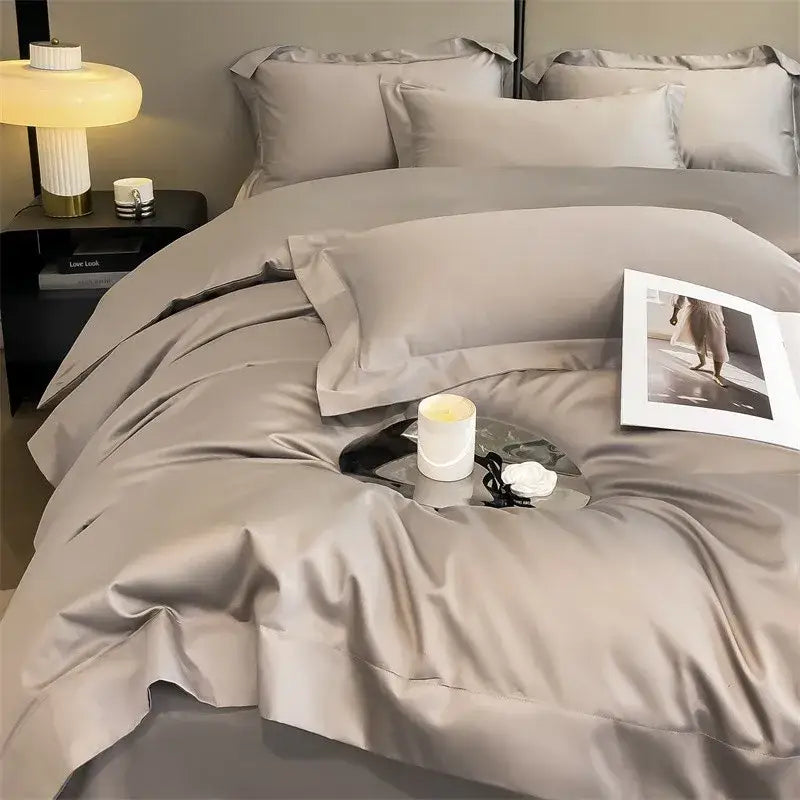 Silk-gray satin duvet cover set with ruffled edges from decorbites™ luxurious 1000tc egyptian cotton bedding set