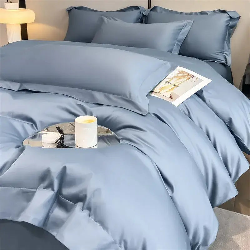 Decorbites™ luxurious 1000tc egyptian cotton blue satin duvet cover set with fitted sheet and matching pillows