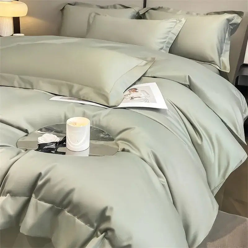 Silk-like sage green satin duvet cover and matching pillows from decorbites™ luxurious 1000tc egyptian cotton set
